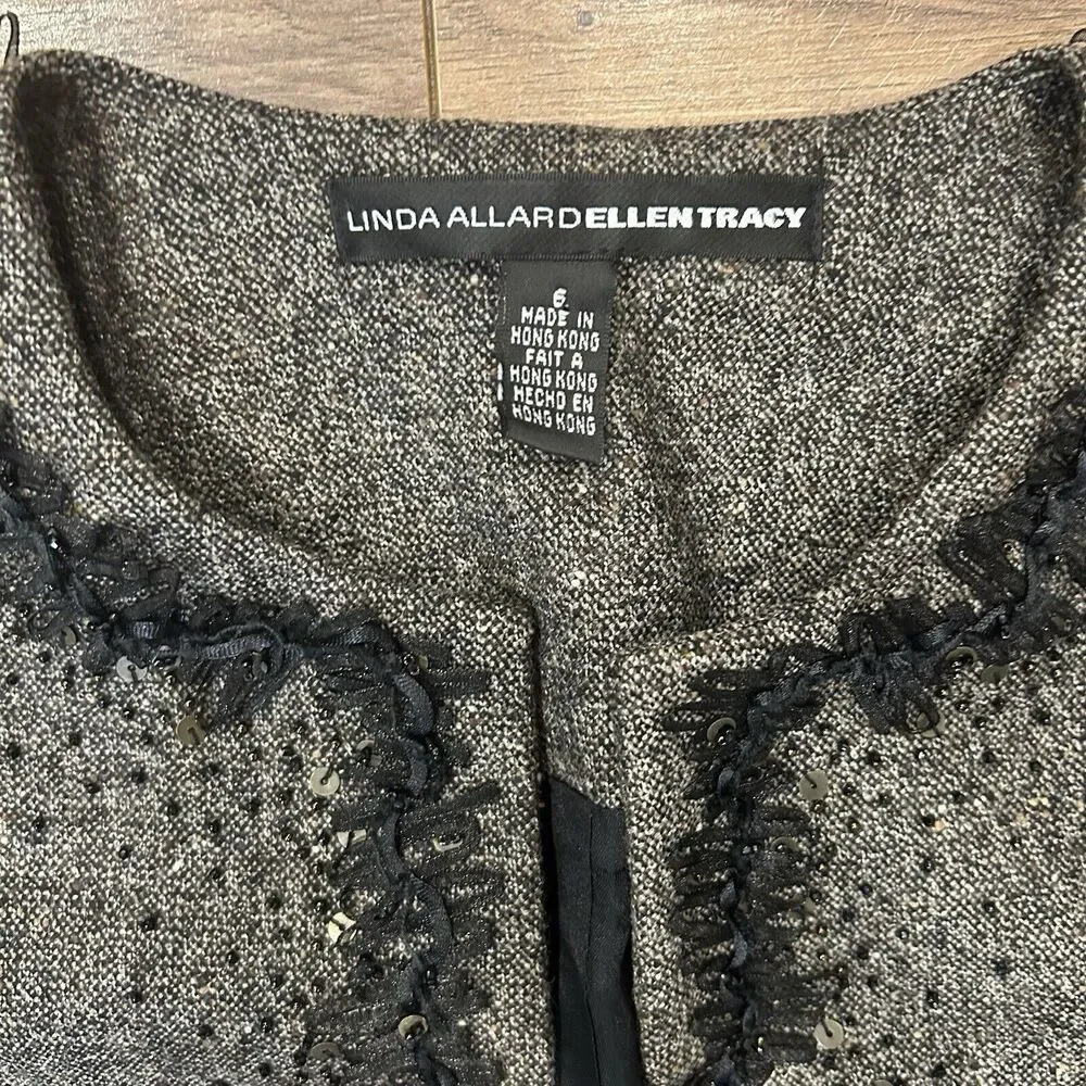 Linda Allard Ellen Tracy Jacket Open Front Wool Blend Blazer Beaded size 6